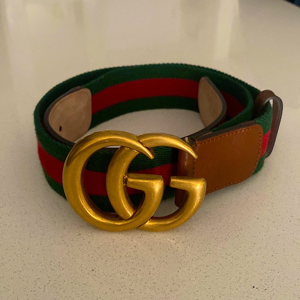 Gucci Nylon Calfskin Double G Web 40mm Belt 75 30 Green Red Black